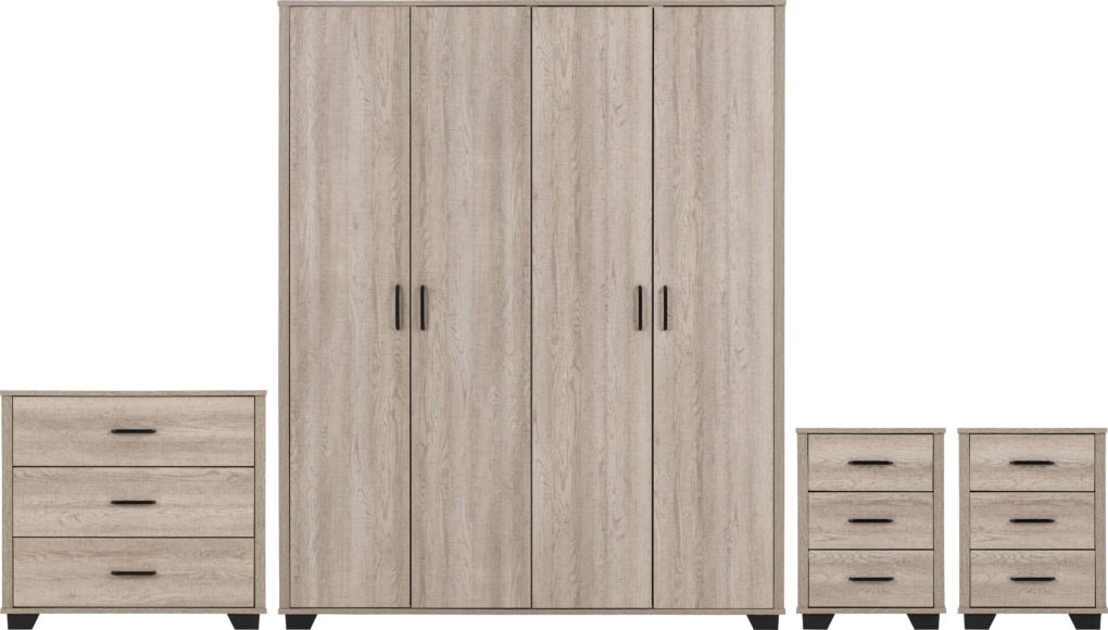 Seconique Oliver 4 Door Wardrobe Bedroom Set Light Oak Effect
