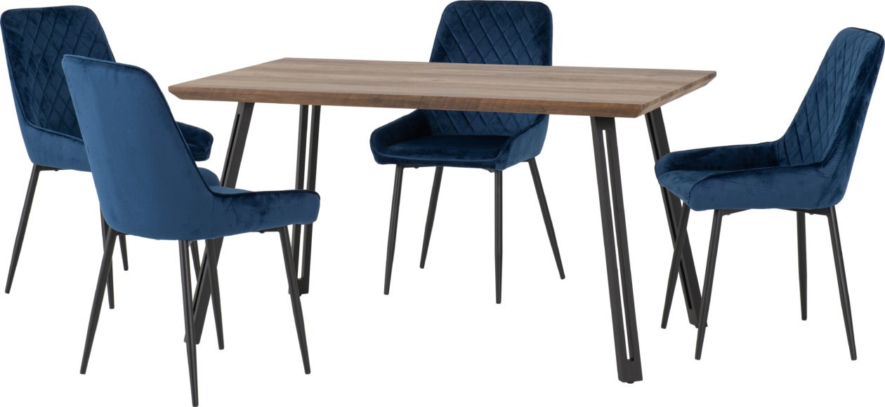 Seconique Quebec Straight Edge Dining Set With Avery Chairs Medium Oak Effect/Black/Sapphire Blue Velvet