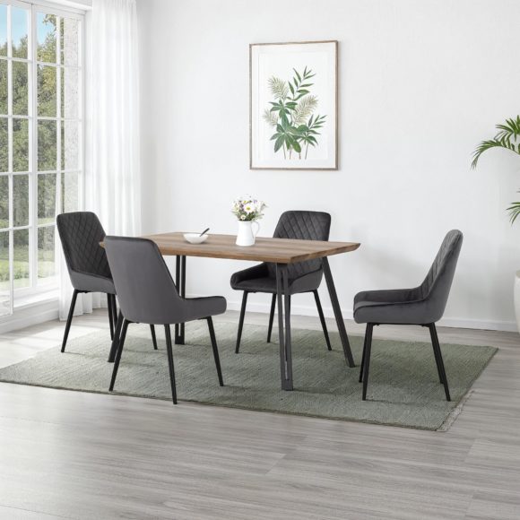 seconique Quebec Straight Edge Dining Set with Avery Chairs Medium Oak Effect/Black/Grey Velvet