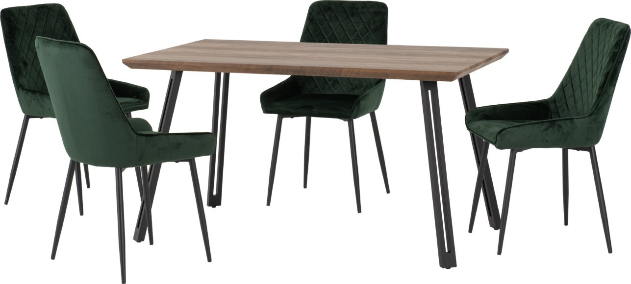 Seconique Quebec Straight Edge Dining Set With Avery Chairs Medium Oak Effect/Black/Emerald Green Velvet