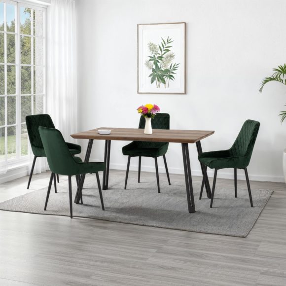 seconique Quebec Straight Edge Dining Set with Avery Chairs Medium Oak Effect/Black/Emerald Green Velvet
