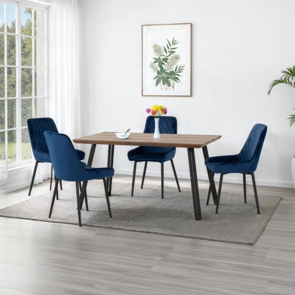 seconique Quebec Straight Edge Dining Set with Avery Chairs Medium Oak Effect/Black/Sapphire Blue Velvet
