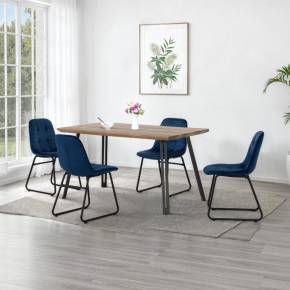 seconique Quebec Straight Edge Dining Set with Lukas Chairs Medium Oak Effect/Black/Sapphire Blue Velvet