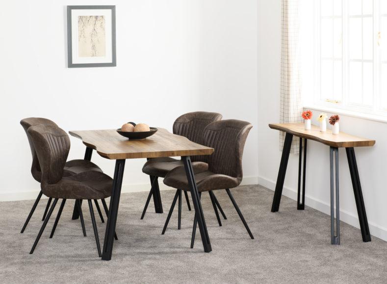 Seconique Quebec Wave Edge Dining Set Medium Oak Effect/Black/Brown Faux Leather