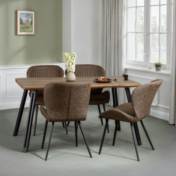 seconique Quebec Wave Edge Dining Set Medium Oak Effect/Black/Brown Faux Leather