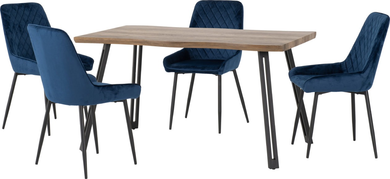 Seconique Quebec Wave Edge Dining Set With Avery Chairs Medium Oak Effect/Black/Sapphire Blue Velvet