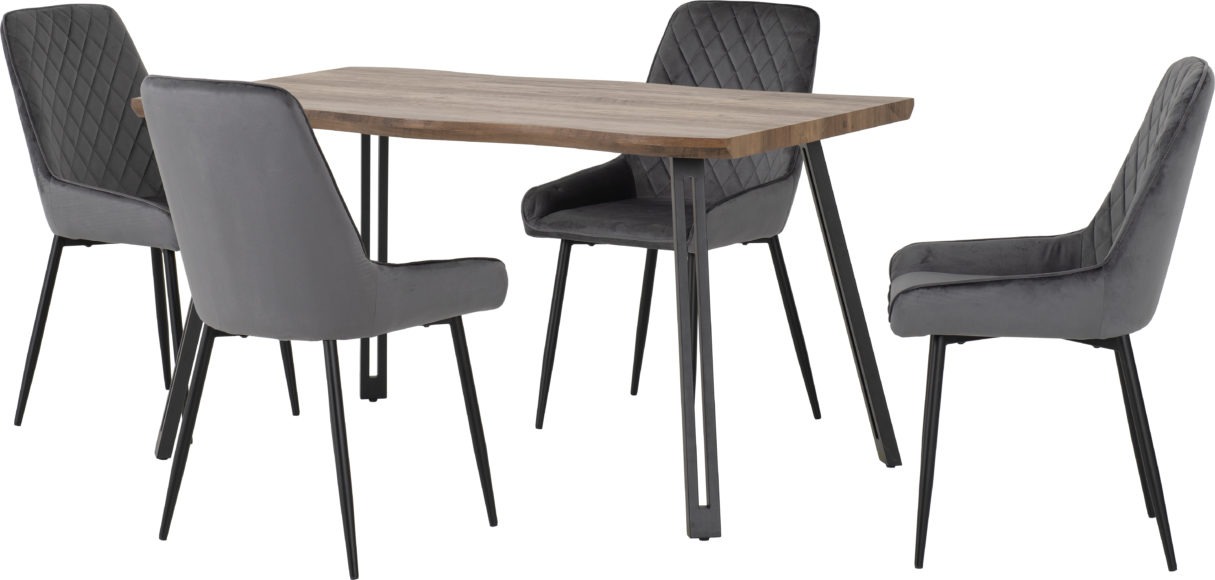 Seconique Quebec Wave Edge Dining Set With Avery Chairs Medium Oak Effect/Black/Grey Velvet