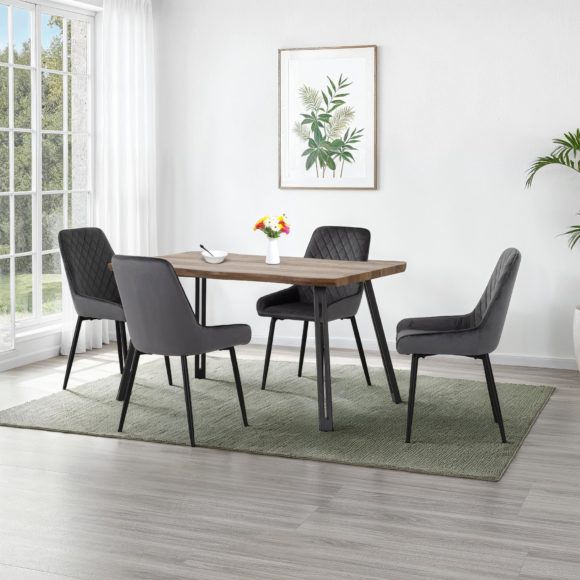 seconique Quebec Wave Edge Dining Set with Avery Chairs Medium Oak Effect/Black/Grey Velvet