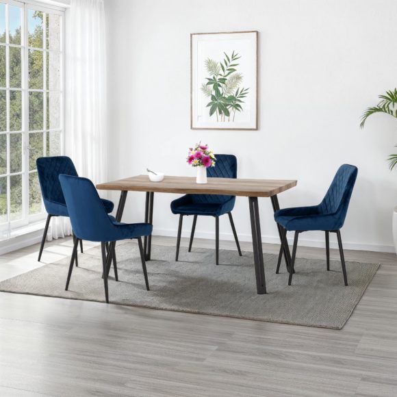 seconique Quebec Wave Edge Dining Set with Avery Chairs Medium Oak Effect/Black/Sapphire Blue Velvet