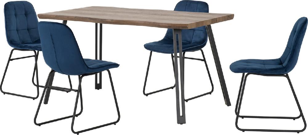 Seconique Quebec Wave Edge Dining Set With Lukas Chairs Medium Oak Effect/Black/Sapphire Blue Velvet
