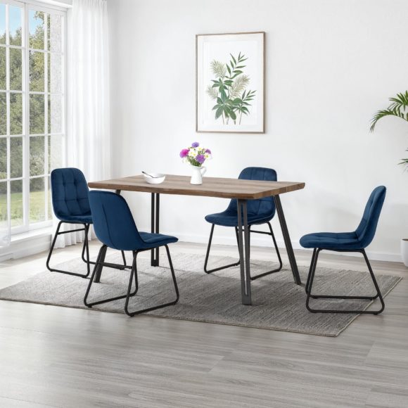 seconique Quebec Wave Edge Dining Set with Lukas Chairs Medium Oak Effect/Black/Sapphire Blue Velvet