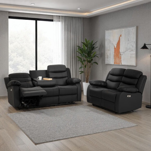 seconique Roma 3+2 Electric Recliner Suite Black Faux Leather