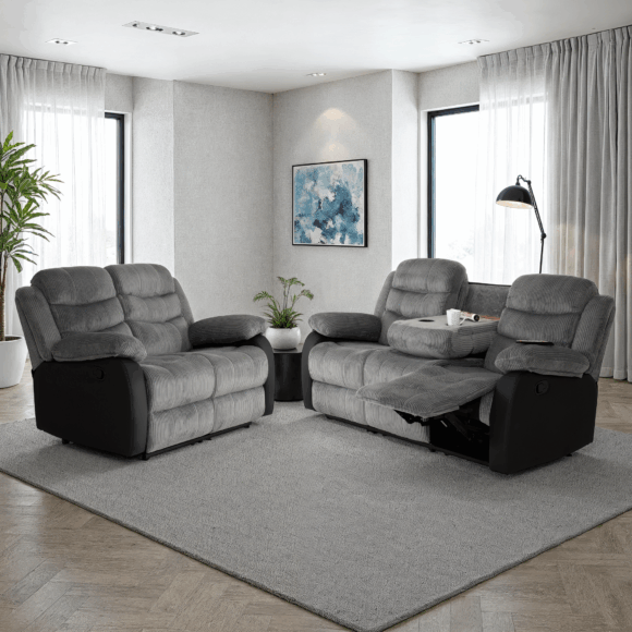 seconique Roma 3+2 Recliner Suite Grey Cord Fabric/Black Faux Leather
