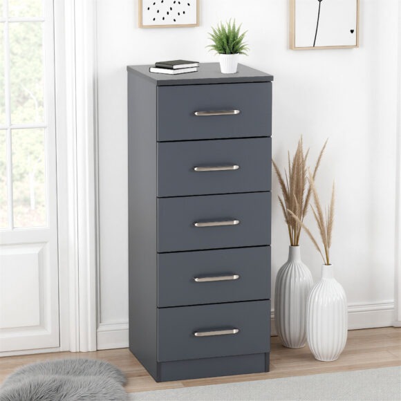 seconique Dakota 5 Drawer Narrow Chest Dark Grey