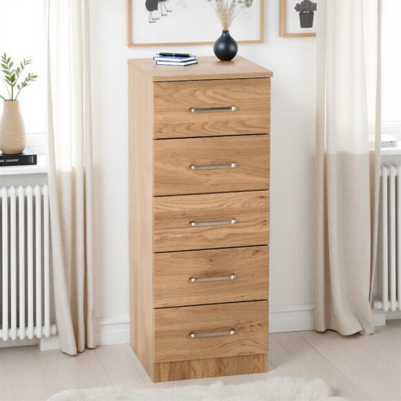 seconique Dakota 5 Drawer Narrow Chest Oak Effect