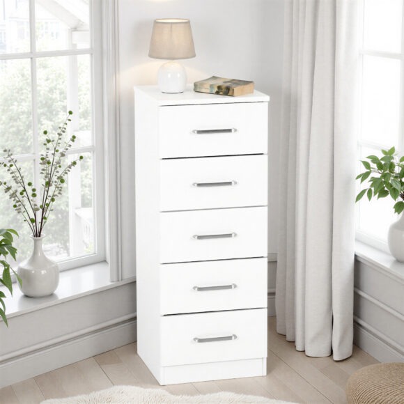 seconique Dakota 5 Drawer Narrow Chest White