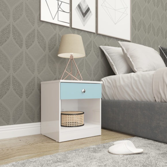 Seconique Denver 1 Drawer Bedside White/Blue Gloss