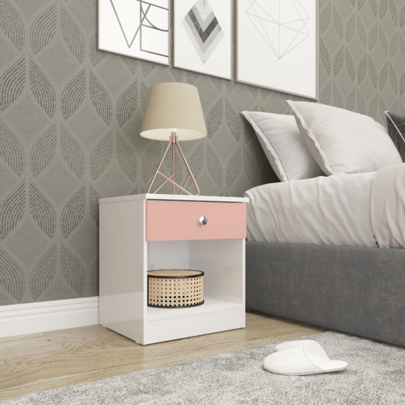 seconique Denver 1 Drawer Bedside White/Pink Gloss