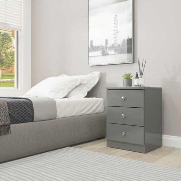 seconique Denver 3 Drawer Bedside Grey Gloss