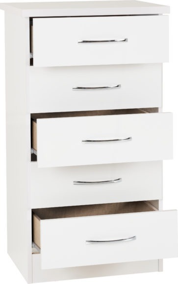 Seconique Nevada 5 Drawer Narrow Chest White Gloss