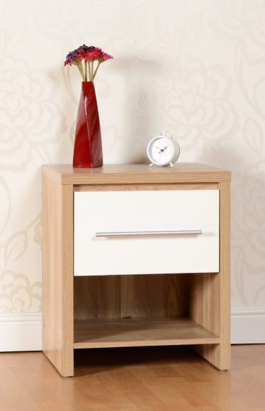 Seconique Seville 1 Drawer Bedside Cabinet White High Gloss/Light Oak Effect Veneer