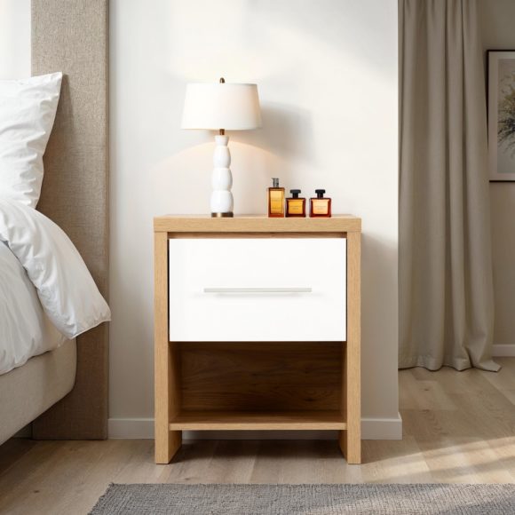seconique Seville 1 Drawer Bedside Cabinet White High Gloss/Light Oak Effect Veneer