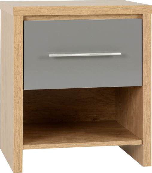 Seconique Seville 1 Drawer Bedside Grey High Gloss/Light Oak Effect Veneer
