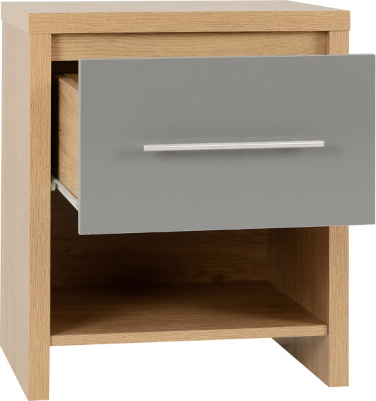 Seconique Seville 1 Drawer Bedside Grey High Gloss/Light Oak Effect Veneer
