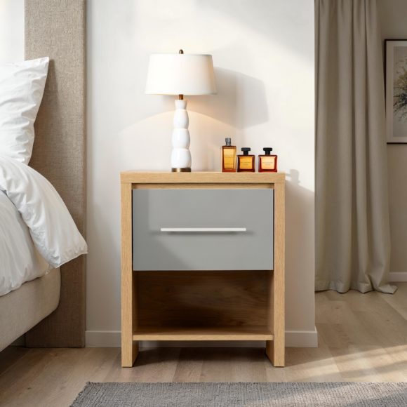 seconique Seville 1 Drawer Bedside Grey High Gloss/Light Oak Effect Veneer