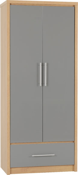 Seconique Seville 2 Door 1 Drawer Wardrobe Grey High Gloss/Light Oak Effect Veneer
