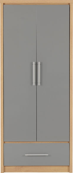 Seconique Seville 2 Door 1 Drawer Wardrobe Grey High Gloss/Light Oak Effect Veneer
