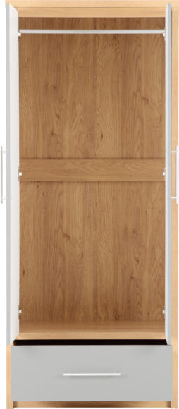Seconique Seville 2 Door 1 Drawer Wardrobe Grey High Gloss/Light Oak Effect Veneer