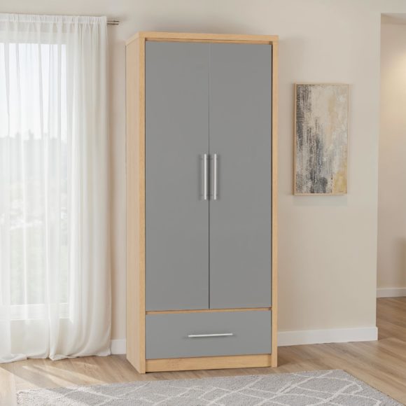 seconique Seville 2 Door 1 Drawer Wardrobe Grey High Gloss/Light Oak Effect Veneer