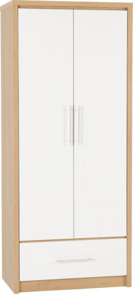 Seconique Seville 2 Door 1 Drawer Wardrobe White High Gloss/Light Oak Effect Veneer