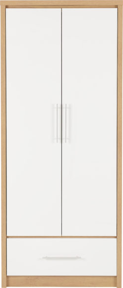 Seconique Seville 2 Door 1 Drawer Wardrobe White High Gloss/Light Oak Effect Veneer