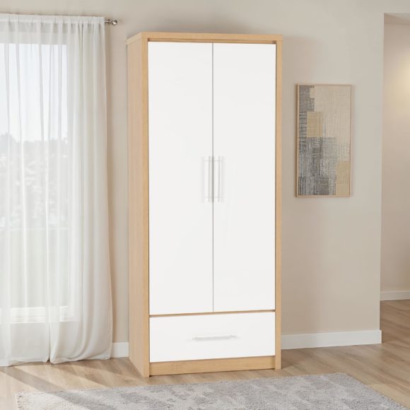 seconique Seville 2 Door 1 Drawer Wardrobe White High Gloss/Light Oak Effect Veneer