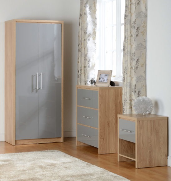 Seconique Seville 2 Door Wardrobe Grey High Gloss/Light Oak Effect Veneer