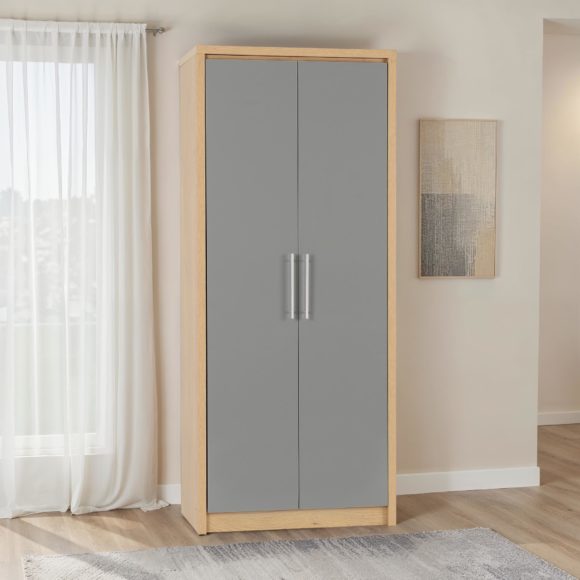 seconique Seville 2 Door Wardrobe Grey High Gloss/Light Oak Effect Veneer