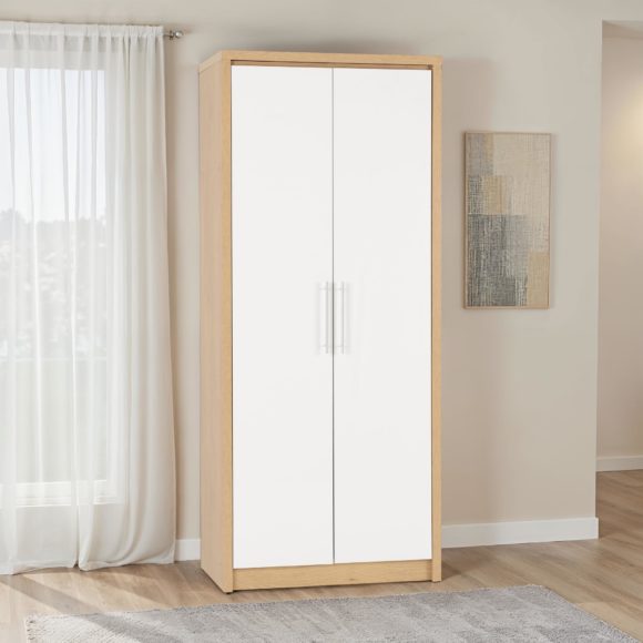 seconique Seville 2 Door Wardrobe White High Gloss/Light Oak Effect Veneer
