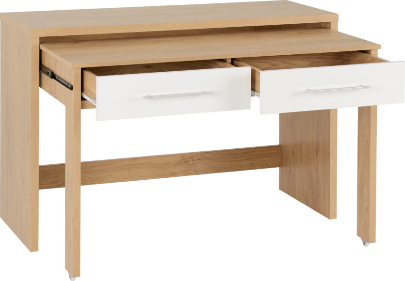 Seconique Seville 2 Drawer Slider Desk White High Gloss/Light Oak Effect Veneer