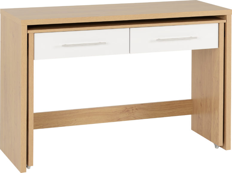 seconique Seville 2 Drawer Slider Desk White High Gloss/Light Oak Effect Veneer
