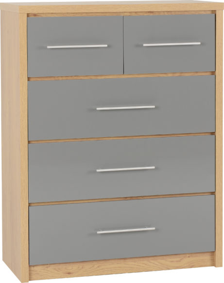 Seconique Seville 3+2 Drawer Chest Grey High Gloss/Light Oak Effect Veneer