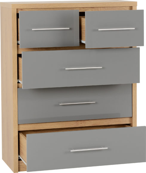 Seconique Seville 3+2 Drawer Chest Grey High Gloss/Light Oak Effect Veneer