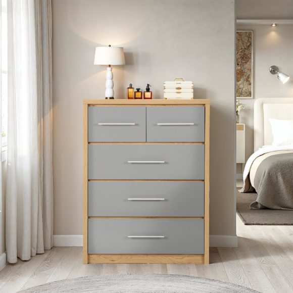 seconique Seville 3+2 Drawer Chest Grey High Gloss/Light Oak Effect Veneer