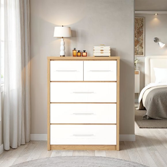 seconique Seville 3+2 Drawer Chest White High Gloss/Light Oak Effect Veneer