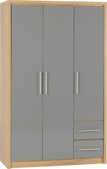 Seconique Seville 3 Door 2 Drawer Wardrobe Grey High Gloss/Light Oak Effect Veneer