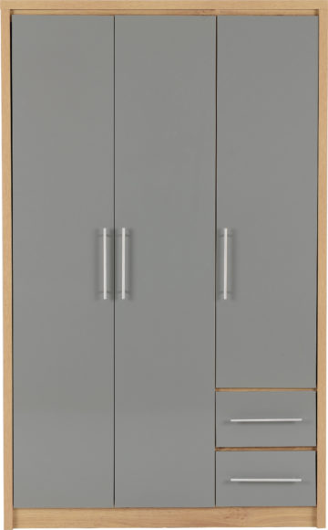 Seconique Seville 3 Door 2 Drawer Wardrobe Grey High Gloss/Light Oak Effect Veneer