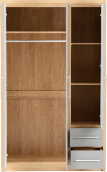 Seconique Seville 3 Door 2 Drawer Wardrobe Grey High Gloss/Light Oak Effect Veneer