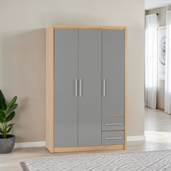 seconique Seville 3 Door 2 Drawer Wardrobe Grey High Gloss/Light Oak Effect Veneer