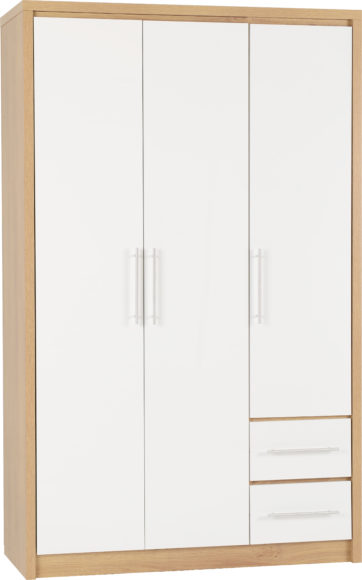 Seconique Seville 3 Door 2 Drawer Wardrobe White High Gloss/Light Oak Effect Veneer